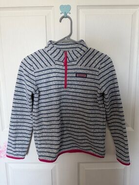 Vineyard Vines Striped Half-Zip Pullover Navy & Heather Gray with Pink Trim M 10